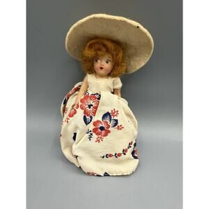 Vintage Mini Doll Girl Floral Dress Wide Brim Hat 4” Cloth Body